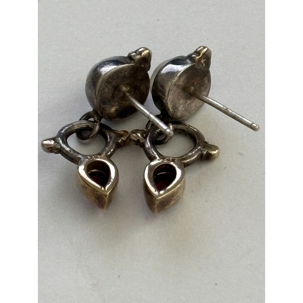 Vintage Sterling Silver Small Dangle Earrings Moonstone Garnet - Picture 4 of 4